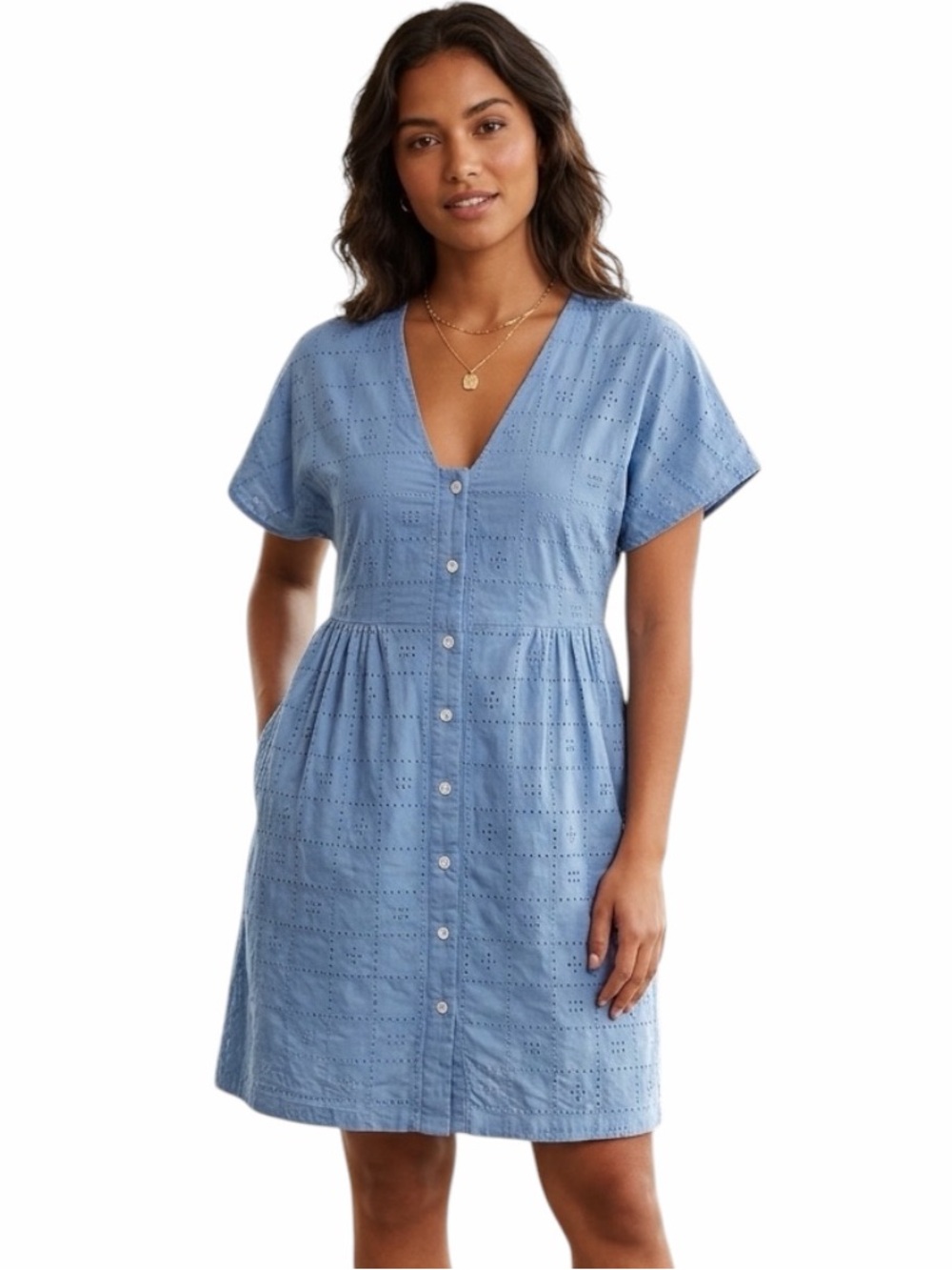 Madewell Button-Front V-Neck Mini Dress Blue Eyelet Cotton Pockets - Medium